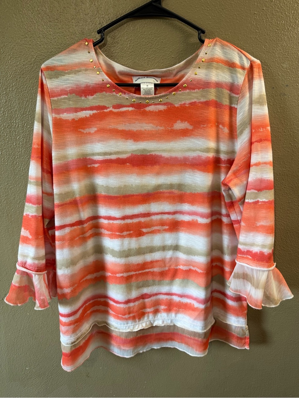 Alfred Dunner Orange Watercolor Stripe Embellished Ruffle Sleeve Top Size M